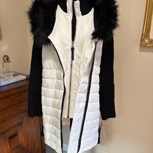 Calvin Klein Performance Long Puffer Ski Parka Black & White Faux Fur Hood NWT S